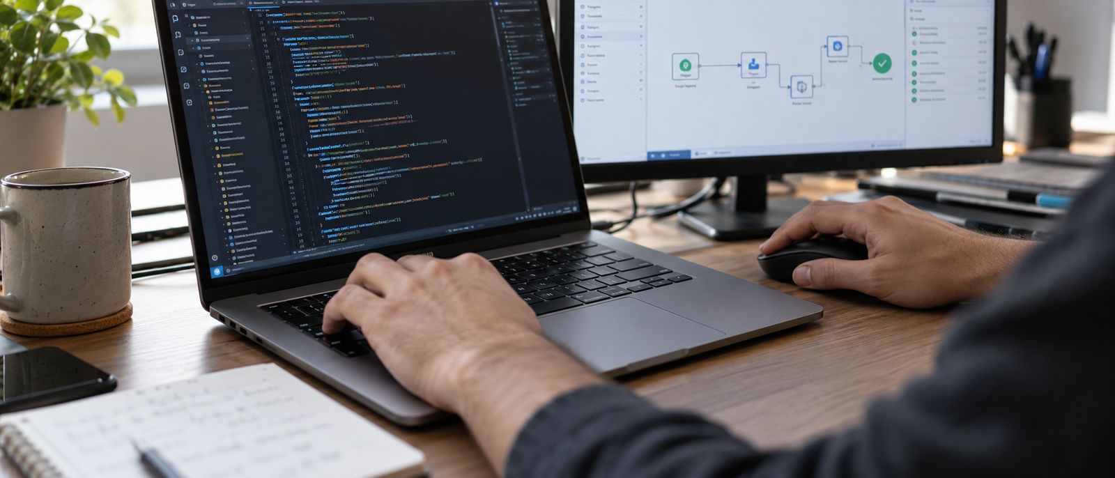 Manos usando teclado y ratón mientras se programa una automatización