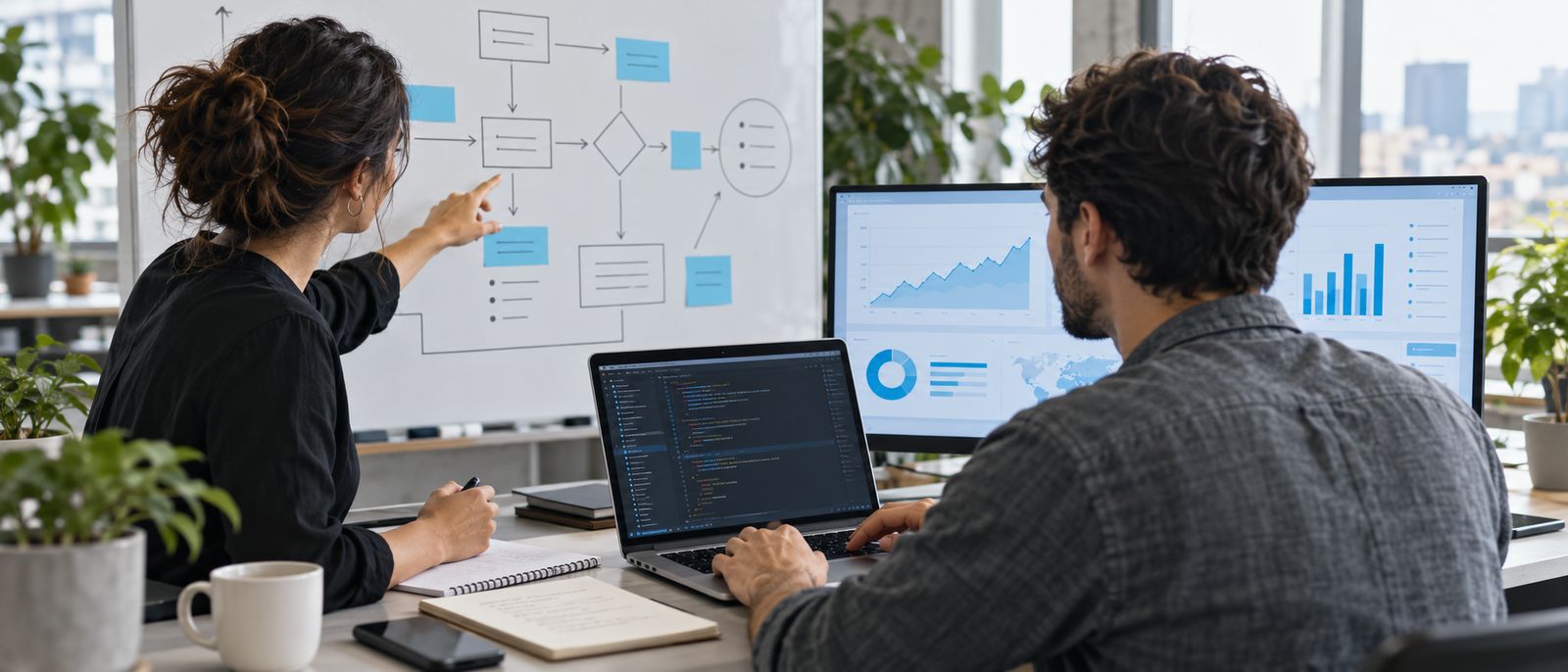 Dos profesionales trabajan con código, datos y una pizarra de procesos